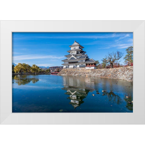 The Matsumoto Castle with reflection in the moat with bridge-walkway and mountains behind-Japan White Modern Wood Framed Art Print by Haddad, Sheila