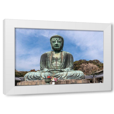The Great Buddha-Daibutsu-offerings in front-blue sky above in Kamakura-Japan White Modern Wood Framed Art Print by Haddad, Sheila