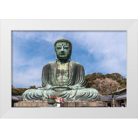 The Great Buddha-Daibutsu-offerings in front-blue sky above in Kamakura-Japan White Modern Wood Framed Art Print by Haddad, Sheila