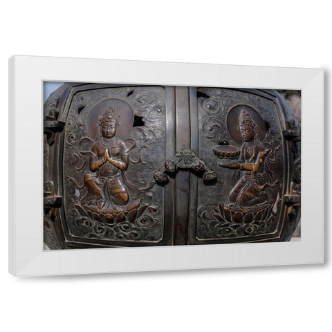 The ornate-engraved bronze doors to the outdoor incense burner of the Daibutsu-Kamakura-Japan White Modern Wood Framed Art Print by Haddad, Sheila