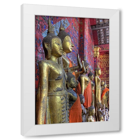 Laos, Luang Prabang Buddha statues inside temple White Modern Wood Framed Art Print by Shimlock, Jones