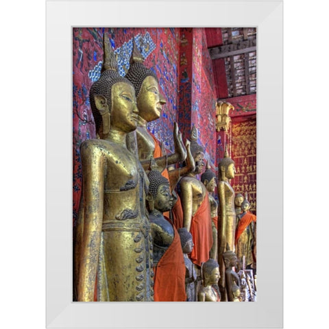 Laos, Luang Prabang Buddha statues inside temple White Modern Wood Framed Art Print by Shimlock, Jones