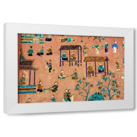 Laos-Luang Prabang-Detail of mosaic decorations depicting people on the side of a building White Modern Wood Framed Art Print by Haseltine, Tom