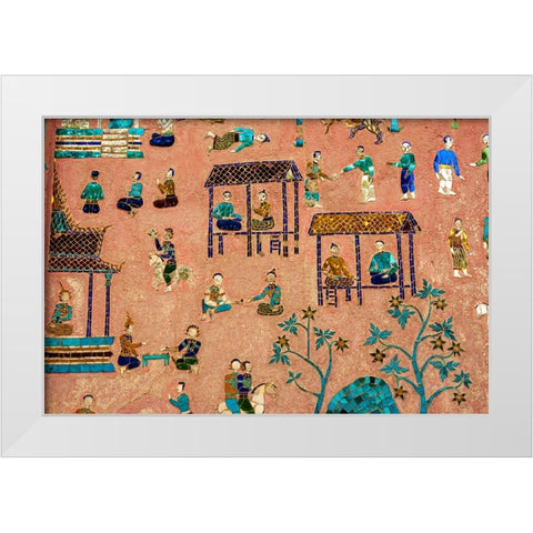 Laos-Luang Prabang-Detail of mosaic decorations depicting people on the side of a building White Modern Wood Framed Art Print by Haseltine, Tom