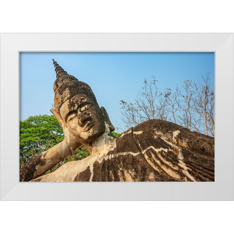 Reclining Buddha statue-Xieng Khuan-Xiengkuane-Buddha Park-Southeast Asia White Modern Wood Framed Art Print by Haseltine, Tom