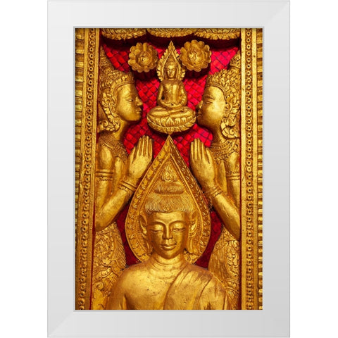 Laos- Luang Prabang. Haw Pha Bang-Carved panel on wall. White Modern Wood Framed Art Print by Haseltine, Tom
