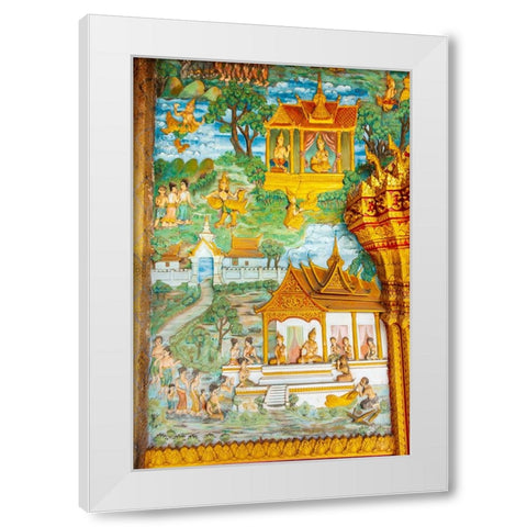Luang Prabang- Laos. Ancient mural carvings in Wat Mahathat facade. White Modern Wood Framed Art Print by Haseltine, Tom