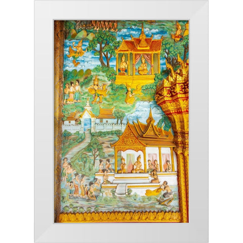 Luang Prabang- Laos. Ancient mural carvings in Wat Mahathat facade. White Modern Wood Framed Art Print by Haseltine, Tom