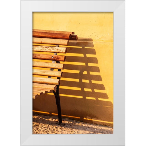 Bench and shadow. White Modern Wood Framed Art Print by Haseltine, Tom