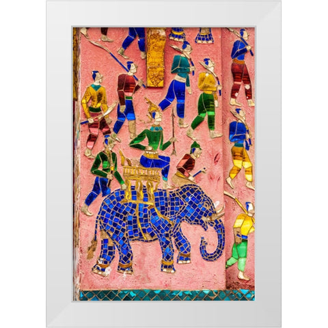 Laos- Luang Prabang. Mosaic mural depicting a man riding an elephant White Modern Wood Framed Art Print by Haseltine, Tom