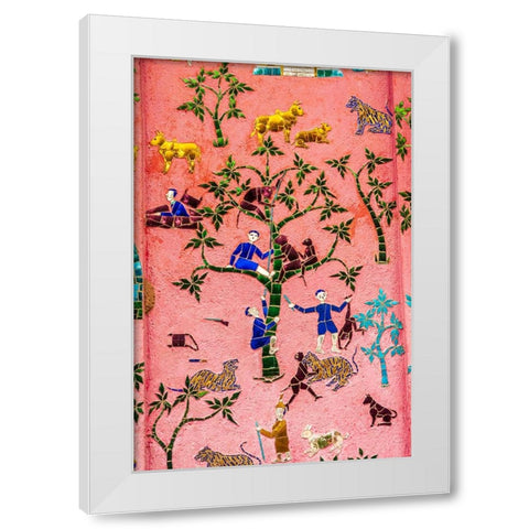 Laos- Luang Prabang. Mosaic mural depicting people and animals. White Modern Wood Framed Art Print by Haseltine, Tom