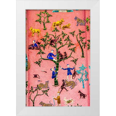 Laos- Luang Prabang. Mosaic mural depicting people and animals. White Modern Wood Framed Art Print by Haseltine, Tom