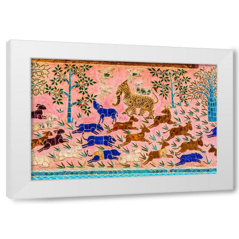 Laos- Luang Prabang. Mosaic mural depicting animals. White Modern Wood Framed Art Print by Haseltine, Tom