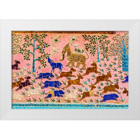 Laos- Luang Prabang. Mosaic mural depicting animals. White Modern Wood Framed Art Print by Haseltine, Tom