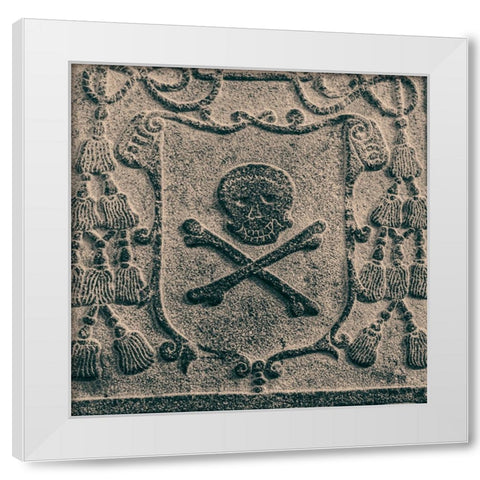 Melaka- West Malaysia. Skull and crossbones stone carving on old Portuguese tombstones White Modern Wood Framed Art Print by Haseltine, Tom