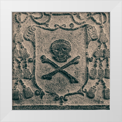 Melaka- West Malaysia. Skull and crossbones stone carving on old Portuguese tombstones White Modern Wood Framed Art Print by Haseltine, Tom