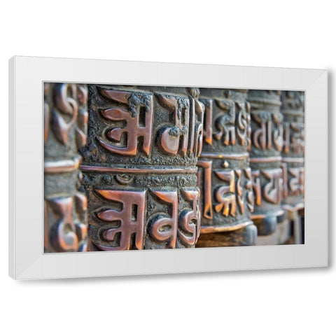 Bronze prayer wheels carved with Buddhist scripture-Swayambhunath-Kathmandu-Nepal White Modern Wood Framed Art Print by Su, Keren