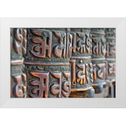 Bronze prayer wheels carved with Buddhist scripture-Swayambhunath-Kathmandu-Nepal White Modern Wood Framed Art Print by Su, Keren