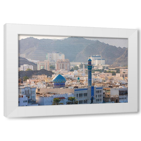 Middle East-Arabian Peninsula-Oman-Muscat-Muttrah-Blue minaret and dome of a mosque in Muttrah White Modern Wood Framed Art Print by Wilson, Emily M.