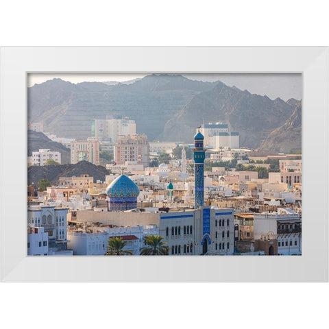Middle East-Arabian Peninsula-Oman-Muscat-Muttrah-Blue minaret and dome of a mosque in Muttrah White Modern Wood Framed Art Print by Wilson, Emily M.