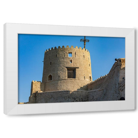 Middle East-Arabian Peninsula-Oman-Muscat-Muttrah-A tower at Muttrah Fort White Modern Wood Framed Art Print by Wilson, Emily M.