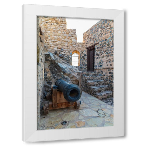 Middle East-Arabian Peninsula-Oman-Muscat-Muttrah-Ancient cannon at Muttrah Fort White Modern Wood Framed Art Print by Wilson, Emily M.