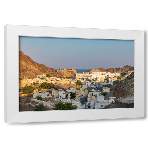 Middle East-Arabian Peninsula-Oman-Muscat-Sunset view of a neighborhood in the hills of Muscat White Modern Wood Framed Art Print by Wilson, Emily M.