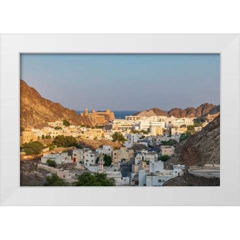 Middle East-Arabian Peninsula-Oman-Muscat-Sunset view of a neighborhood in the hills of Muscat White Modern Wood Framed Art Print by Wilson, Emily M.