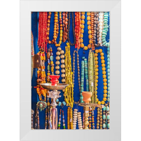 Middle East-Arabian Peninsula-Oman-Muscat-Muttrah-Beaded necklaces for sale at the Muttrah souk White Modern Wood Framed Art Print by Wilson, Emily M.