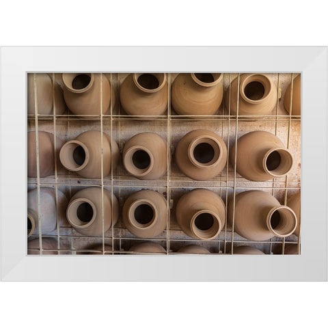 Middle East-Arabian Peninsula-Oman-Ad Dakhiliyah-Bahla-Pots at the Al-Adawi pottery factory in Oman White Modern Wood Framed Art Print by Wilson, Emily M.