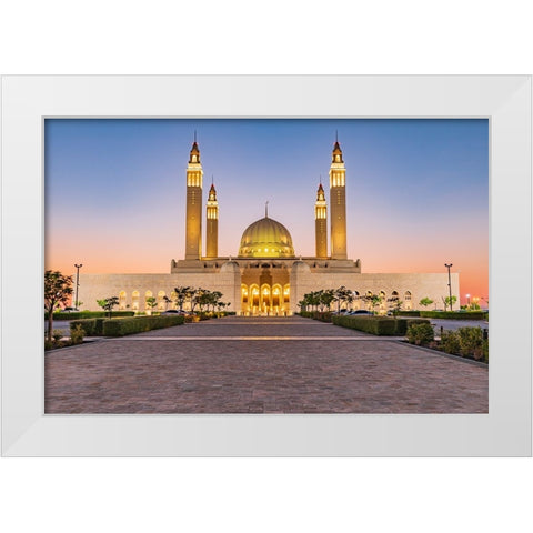 Middle East-Arabian Peninsula-Oman-Ad Dakhiliyah-Nizwa-Sunset at the Sultan Qaboos Grand Mosque White Modern Wood Framed Art Print by Wilson, Emily M.