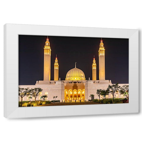 Middle East-Arabian Peninsula-Oman-Ad Dakhiliyah-Nizwa-Night view of the Sultan Qaboos Grand Mosque White Modern Wood Framed Art Print by Wilson, Emily M.