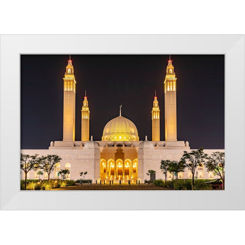 Middle East-Arabian Peninsula-Oman-Ad Dakhiliyah-Nizwa-Night view of the Sultan Qaboos Grand Mosque White Modern Wood Framed Art Print by Wilson, Emily M.
