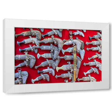 Middle East-Arabian Peninsula-Oman-Ad Dakhiliyah-Nizwa-Khanjar knives for sale White Modern Wood Framed Art Print by Wilson, Emily M.