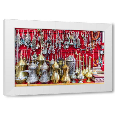 Middle East-Arabian Peninsula-Oman-Ad Dakhiliyah-Nizwa-Traditional tea pots and jewelry for sale White Modern Wood Framed Art Print by Wilson, Emily M.