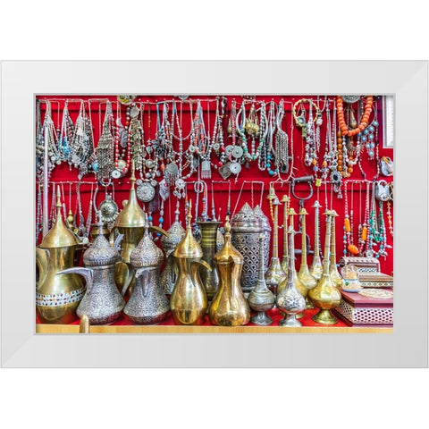 Middle East-Arabian Peninsula-Oman-Ad Dakhiliyah-Nizwa-Traditional tea pots and jewelry for sale White Modern Wood Framed Art Print by Wilson, Emily M.