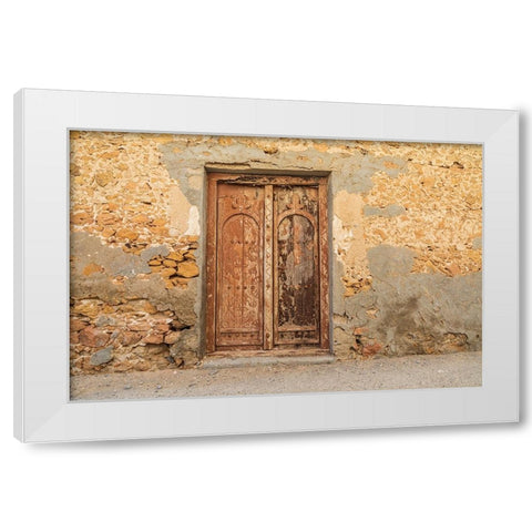 Middle East-Arabian Peninsula-Al Batinah South-Old wooden door on a building in Oman White Modern Wood Framed Art Print by Wilson, Emily M.