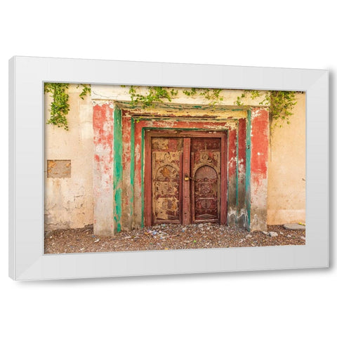 Middle East-Arabian Peninsula-Al Batinah South-Old carved wooden door on a building in Oman White Modern Wood Framed Art Print by Wilson, Emily M.