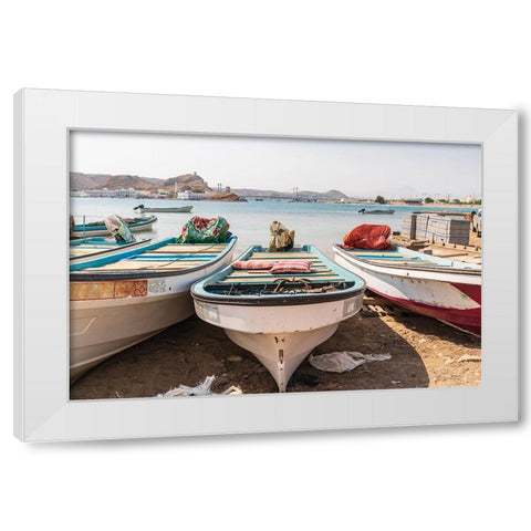 Middle East-Arabian Peninsula-Al Batinah South-Fishing boats on the beach in the harbor of Sur-Oman White Modern Wood Framed Art Print by Wilson, Emily M.