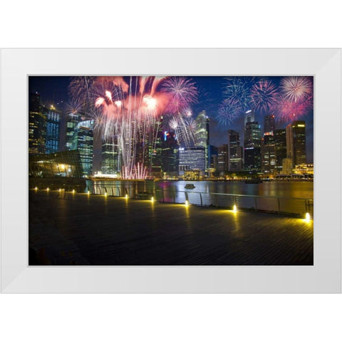 Singapore Fireworks in downtown area White Modern Wood Framed Art Print by Zuckerman, Jim