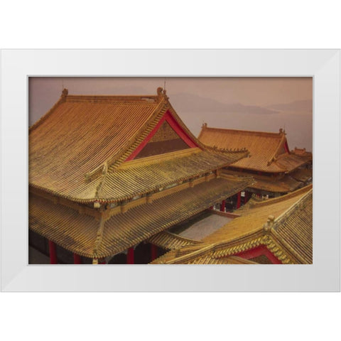 Taiwan, Wenwu Temple rooftops with Sun Moon Lake White Modern Wood Framed Art Print by Satushek, Steve