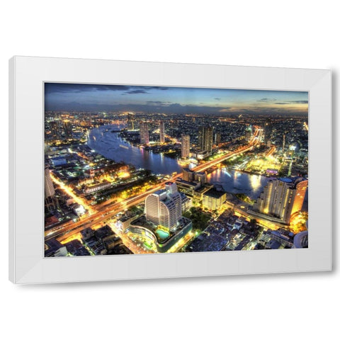 Cityscape at dusk, Bangkok, Thailand White Modern Wood Framed Art Print by Shimlock, Jones