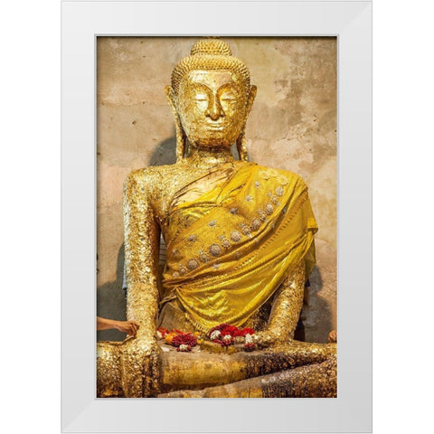 Thailand-Samut Songkhram Province-Amphawa District Buddha statue covered with gold leaf offerings White Modern Wood Framed Art Print by Haseltine, Tom
