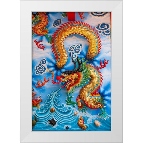 Bangkok- Thailand. Colorful relief depicting dragon or sea serpent. White Modern Wood Framed Art Print by Haseltine, Tom