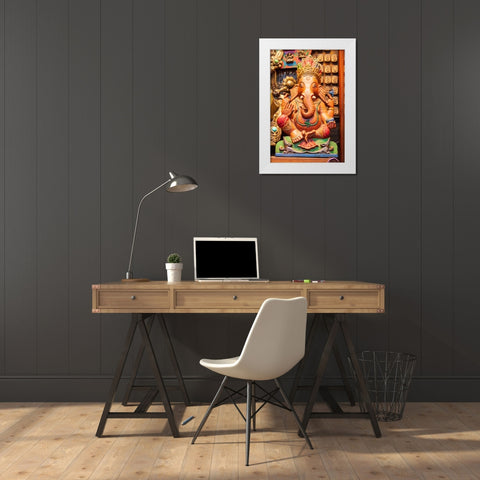 Thailand- Bangkok. Carved and painted wooden statue of Ganesha- or Phra Phikanet. White Modern Wood Framed Art Print by Haseltine, Tom