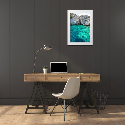 Turquoise colored crystal clear water at a rocky island-Aegean Sea-Turkey White Modern Wood Framed Art Print by Kabas, Ali