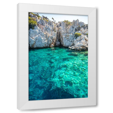 Turquoise colored crystal clear water at a rocky island-Aegean Sea-Turkey White Modern Wood Framed Art Print by Kabas, Ali