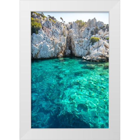 Turquoise colored crystal clear water at a rocky island-Aegean Sea-Turkey White Modern Wood Framed Art Print by Kabas, Ali