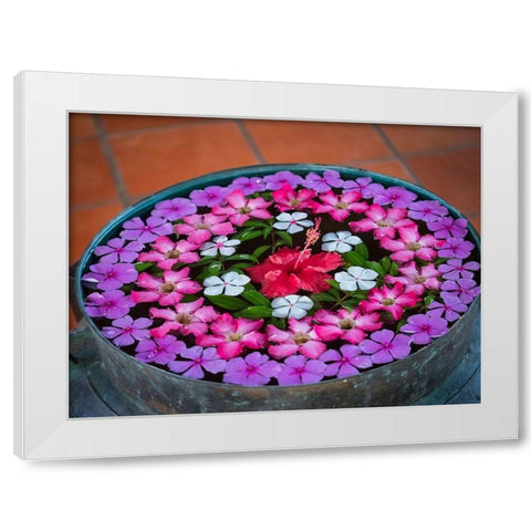 Asia-Vietnam-Mui Ne Red-white-pink-and purple flowers floating in a bowl of water White Modern Wood Framed Art Print by Merrill Images