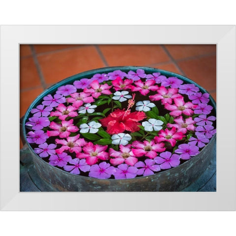 Asia-Vietnam-Mui Ne Red-white-pink-and purple flowers floating in a bowl of water White Modern Wood Framed Art Print by Merrill Images